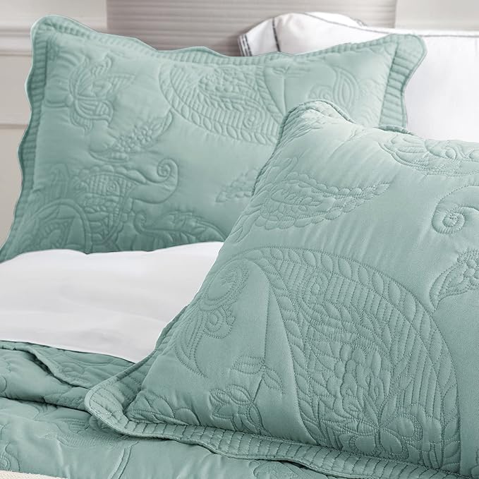 HZ & HY Oversized King Bedspread 128x120 Extra Wide - Paisley Pattern Quilt Set - Gorgeous & Elegant Style Bedding Coverlets, Reversible, Lightweight, 5 Piece, Aqua Sky