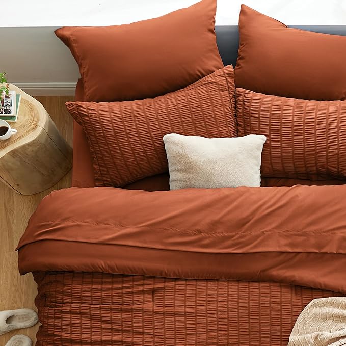 Love's cabin Seersucker Terracotta Twin XL Comforter Set, 5-Piece All Season Lightweight Bed in a Bag Bedding Set with Comforter, Flat Sheet, Fitted Sheet, Pillowcase and Sham | Soft, Breathable, Lightweight