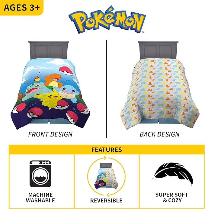 Franco Kids Bedding Super Soft Microfiber Reversible Comforter, Twin/Full, Pokemon