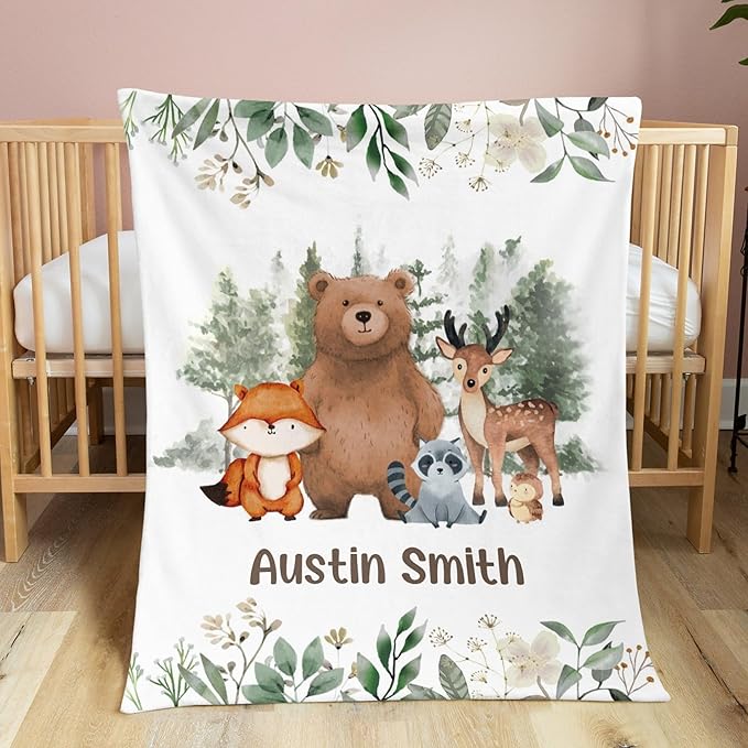 Personalized Baby Blankets for Boys Girls, Baby Blanket for Boys with Name, Soft Plush Receiving for Newborns, Little One- Animals Woodland 35x45 Inches