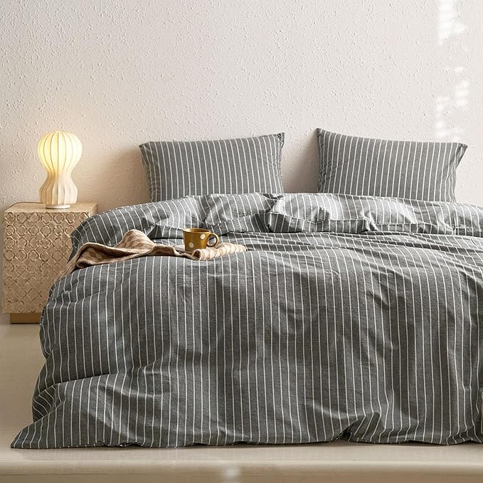 Wake In Cloud - Striped Cotton Duvet Cover Set, Ticking Stripe Vertical Pinstripe Farmhouse, 100% Washed Cotton Textured Percale Bedding Set, 3 Pieces, Gray, Queen Size