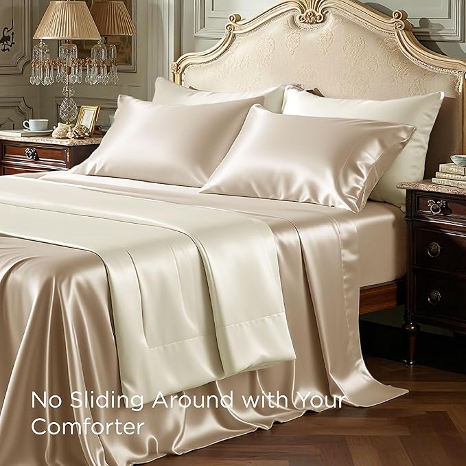 Bedsure Satin Sheets Full Size - 4 Piece Silky Bedsheets with 15 Inches Deep Pocket Fitted Bedsheet,1 Flat Sheet, 2 Satin Pillowcases, Good for Hair & Skin (Full, Khaki)