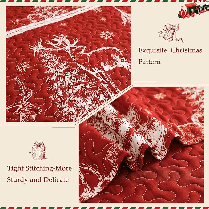 Exclusivo Mezcla Reversible Christmas Quilts Twin Size, Red Bedspread Lightweight Coverlet Winter Quilt Bedding Set with Printed Striped Trees Snowflakes Pattern (1 Quilt, 1 Pillow Sham)