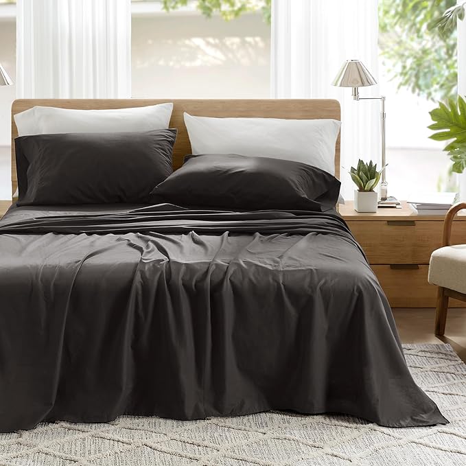 Comfort Spaces 100% Cotton Sheets Cal King, Breathable & Soft Cotton Sheets, Naturally Cool Cotton Bed Sheets with 14" Elastic Pocket Fits up to 16" Mattress, All Season Sheet Set, Black 4 Piece