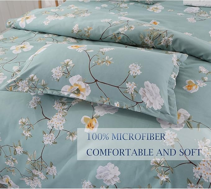 Nanko King Duvet Cover Set 3 Pieces 104X90 Size (1 Duvet Cover + 2 Pillow Shams) - Green Floral Printed -Soft Lightweight Luxury Microfiber - Teal Flower Comforter Cover