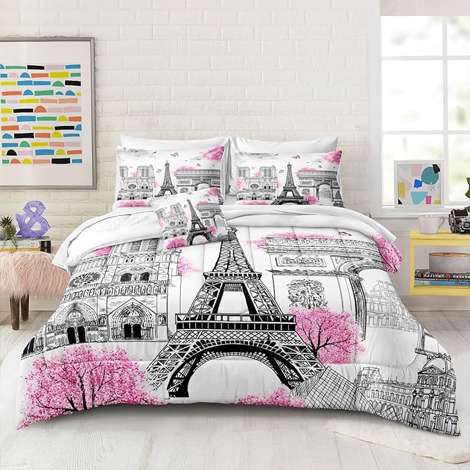 Bedbay Pink Paris Comforter Set Eiffel Tower Duvet Set Aesthetic Bedding for Girls Women Pink and Grey Comforter Quilt Set French Style Summer Lightweight Comforter,No Sheets(Paris,King)