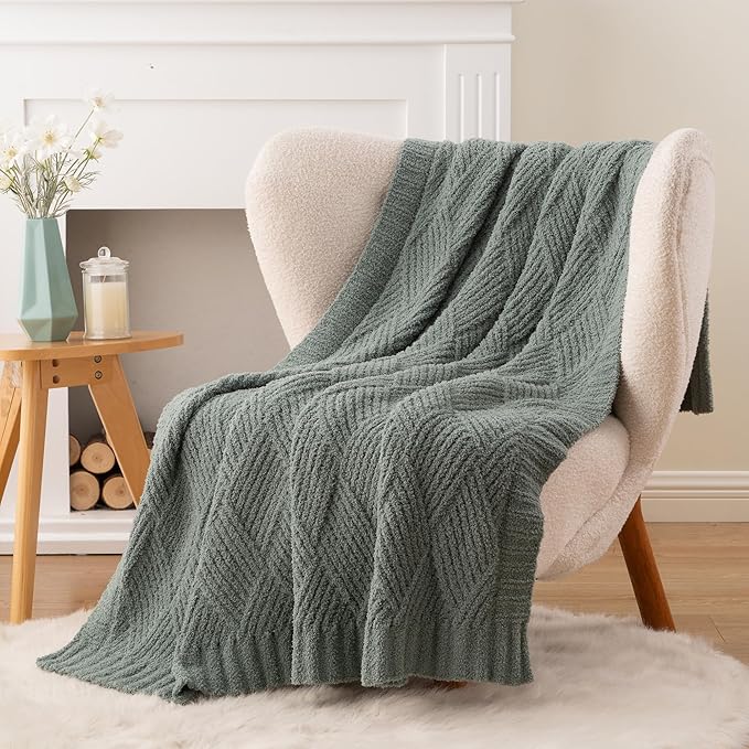 Battilo Sage Green Diamond Knit Throw Blanket for Couch and Bed, Soft Textured Chenille Blanket, Cozy Lightweight Decorative Blanket for Sofa, 50"x60"