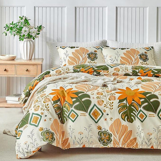 Lekesky Queen Size Reversible Duvet Cover, Duvet Cover Queen Size 3 Piece Baroque Microfiber Botanical Bedding Set with Zipper Closure 8 Corner Ties