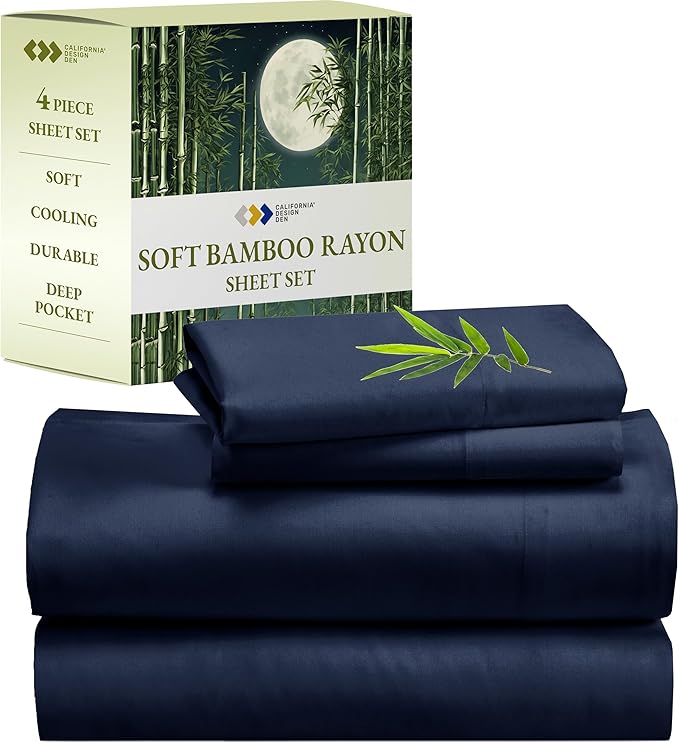 California Design Den Rayon from Bamboo Sheets Set, Cooling Queen Size Bed Luxury Silk Sheets, Bedsheets with Snug Fitted Deep Pockets (Queen, Navy Blue)