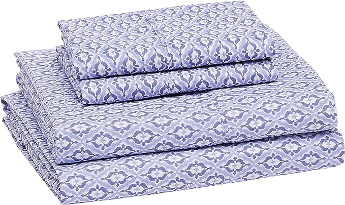 Amazon Basics Breathable Lightweight Super Soft Brushed Microfiber 4-Piece Bed Sheet Set, Wrinkle Resistant With 14" Deep Pockets, Queen, Blue Damask, Printed