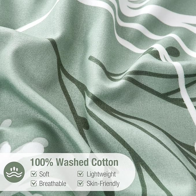Lekesky Green Duvet Cover King Size, Reversible Floral King Comforter Cover with Branch Pattern, Soft 100% Washed Microfiber 3 Pieces Green Bedding Set with Zipper and 2 Pillowcases 20"x36"