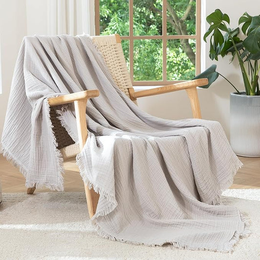 MooMee Muslin Blanket - 100% Cotton 4-Layer Gauze Throw Blanket with All-Around Fringe, Ultra-Soft Breathable Lightweight Cooling Decorative for Bed, Sofa & Couch (Light Grey,Throw XL 50" x 70")