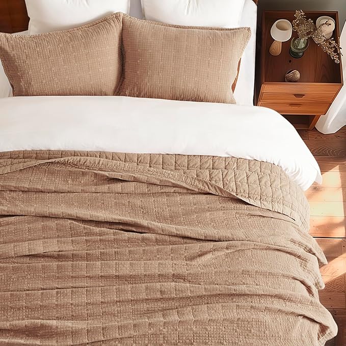 EVERGRACEHOME Stonewashed Cotton Quilt Set King Size, Ultra Soft Oversized Bedspread Coverlet Set, Lightweight Crinkle Box Stitch Bedding Sets for All Season, with 2 Shams, Blushed Terracotta