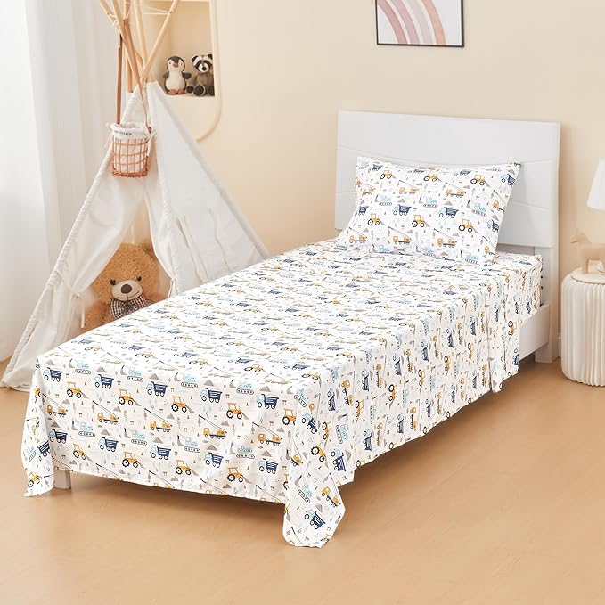 Kids Sheet Set Twin Size 3 Pcs, Boys Sheet Set with Blue Excavator Car Pattern，Kids Boys Twin Fitted Sheet，Breathable & Silky Soft Microfiber Fitted Sheet