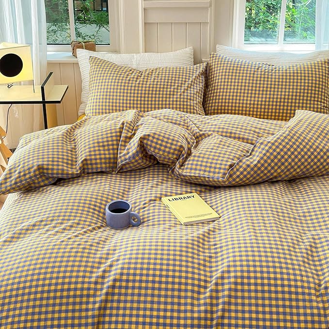 LifeTB Gingham Comforter Set King Modern Style Checkered Plaid Printed Bedding Comforter Set 3 Pieces Boho Grid Comforter King Fluffy Soft Purple Yellow Gingham Bedding Comforter with 2 Pillowcases