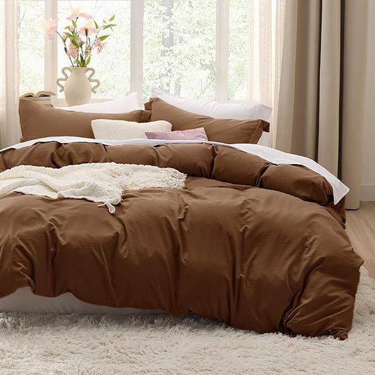 Bedsure Brown Duvet Cover Full Size - 3 Pieces Prewashed Extra Soft Cotton-Like Polyester Bedding Set, Includes 1 Duvet Cover 80x90 Inches with Zipper Closure & 2 Pillow Shams, Comforter Not Included