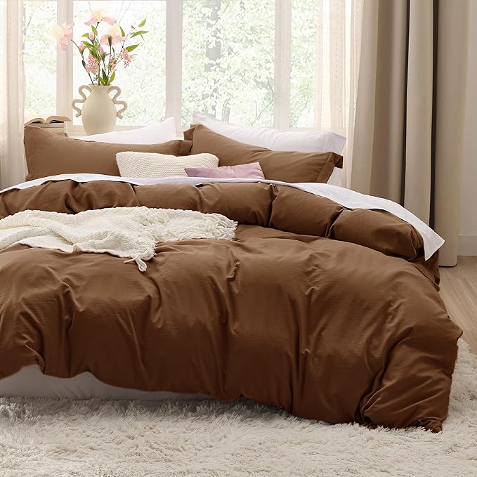 Bedsure Brown Duvet Cover Queen Size - 3 Pieces Prewashed Cotton-Like Extra Soft Bedding Set, Includes 1 Duvet Cover 90x90 Inches with Zipper Closure & 2 Pillow Shams, Comforter Not Included