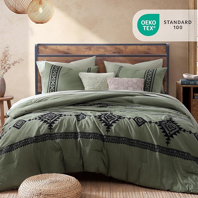 MaiRêve Embroidery Comforter Set, Boho Farmhouse Western Bedding Set, All Season Bed in A Bag Comforter Set with Sheets, Pillowcases & Shams, Olive Green Full 7 Pieces