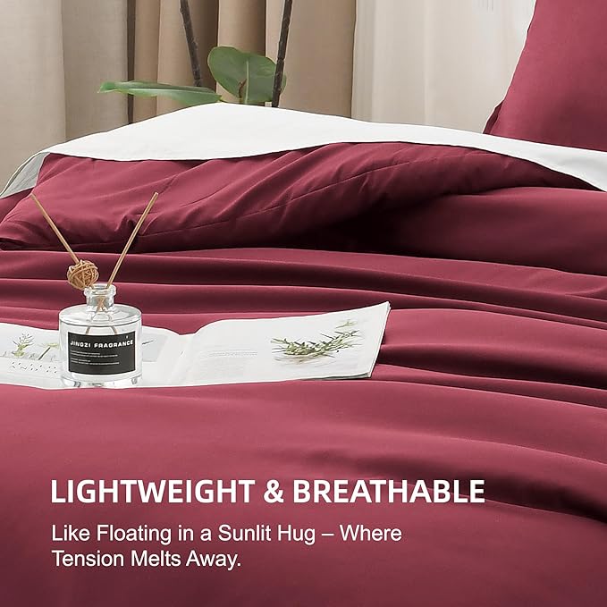 Litanika Burgundy Red Comforter Set Queen Size, 3 Pieces Lightweight Solid Bedding Comforter Set, All Season Fluffy Bed Set (90x90In Comforter & 2 Pillowcases)