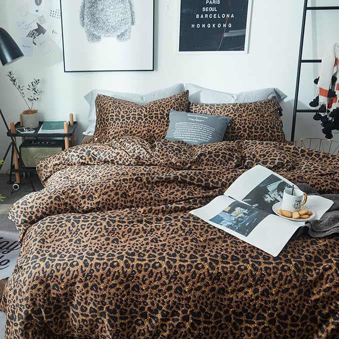 LifeTB Cotton Leopard Print Duvet Cover Queen Bedding Set Luxury Soft 100% Long Staple Cotton Duvet Cover Boho Leopard Pattern Comforter Cover 3 Pieces Modern Style Bedding Duvet Cover Set