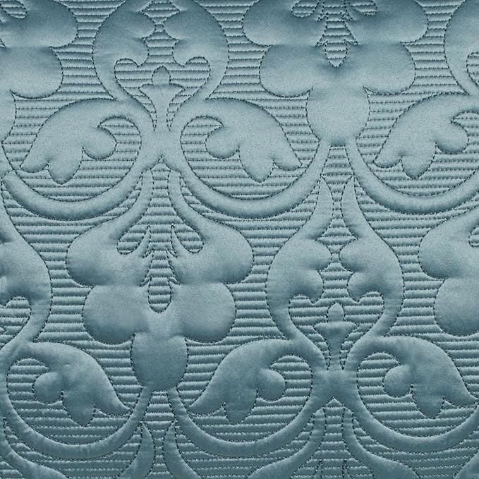 Cambridge Classic Luxury Bedding | Blue Shadow Solid Color Polyester Satin | Elaborate Damask Quilting | 6 Pc Set Includes Oversized California King Bedspread, 2 King Shams, & 3 Decorative Pillows