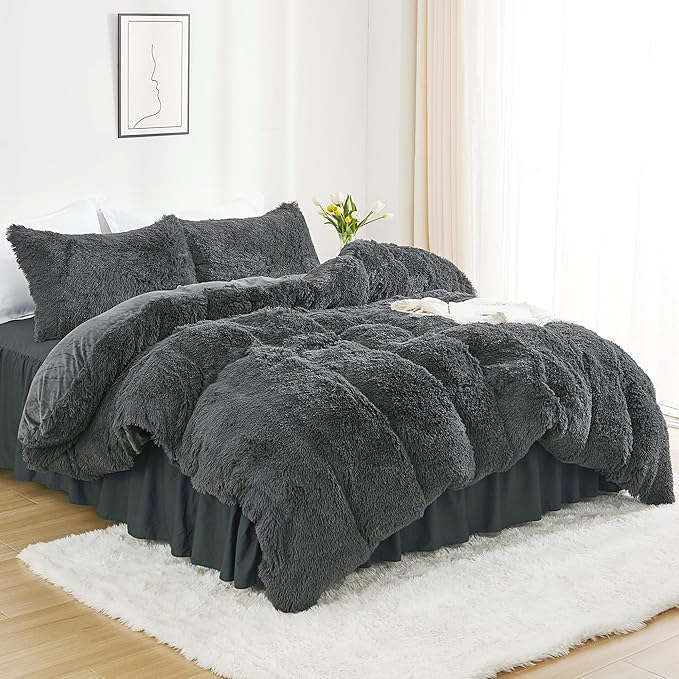 annadaif Plush Shaggy Duvet Cover, Dark Gray Fluffy Comforter Cover Set King Size, Fuzzy Faux Fur Bedding Set with Zipper Closure, Luxury Ultra Soft 3 Pieces (1 Duvet Cover, 2 Pillowcases)
