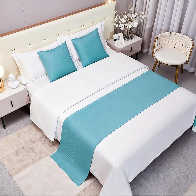 Aqua Blue Bed Runner King Geometry Striped Reversible Bed Scarf for 180cm Bed Aqua Durable Quilted Bed Scarves Decorative for Hotel Bedroom (95 x 20 in, 1 Piece)
