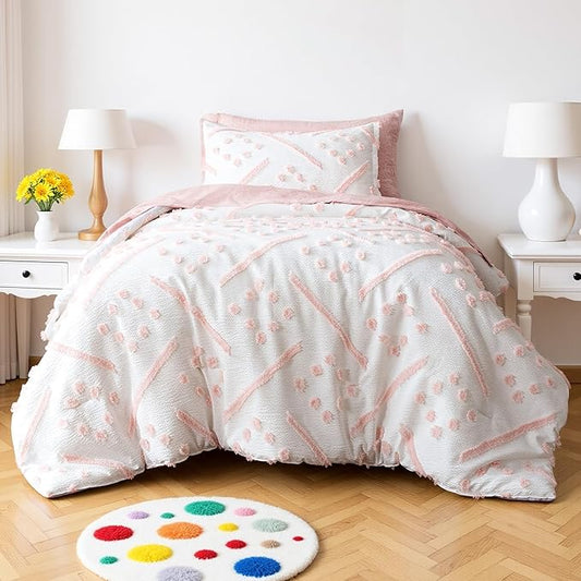Amazon Basics Kids' Pink Bedding Set, 5-Piece Jacquard Microfiber Bed-in-a-Bag with Comforter, Fitted Sheet, Flat Sheet, Pillowcase, Pillow Sham, Deep Pocket 16", All-Season, Pink Tufted, Twin