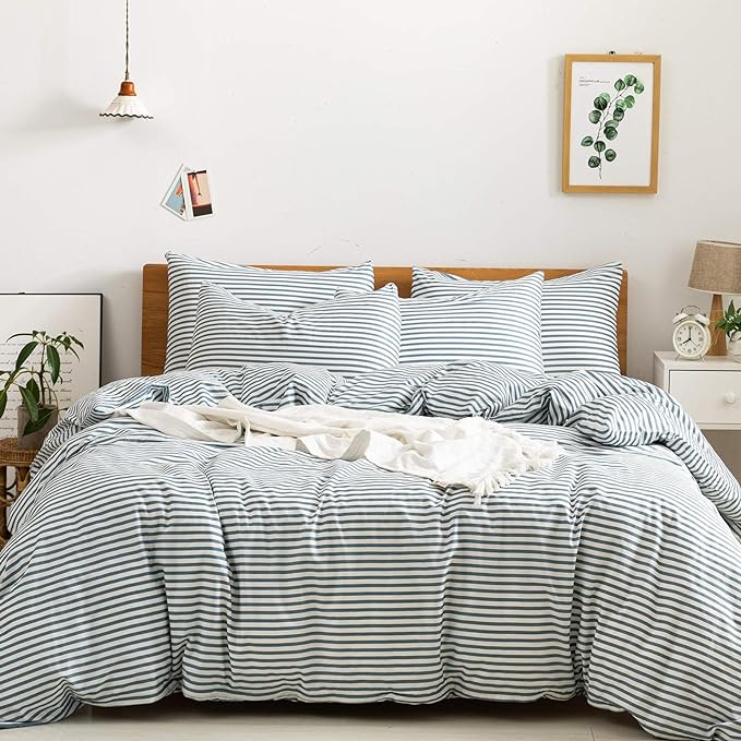 JELLYMONI 100% Natural Cotton 3pcs Striped Duvet Cover Sets,White Duvet Cover with Grayish Blue Stripes Pattern Printed Comforter Cover,with Zipper Closure & Corner Ties(King Size)