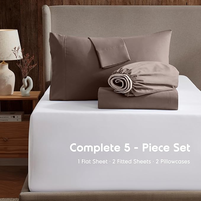 Nestl Split King Sheet Set - 1800 Ultra-Soft Microfiber Bed Sheets - Double Brushed - Deep Pockets - Easy Fit - 5 Piece Set - Bed Sheets & Pillowcases (Split King Size, Chocolate Brown)