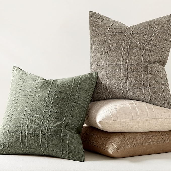 MIULEE Decorative Linen Check Throw Pillow Covers Neutral Farmhouse Vintage Spring Pillow Covers 20x20 Set of 2 Boho Modern Home Decor for Sofa Couch Bedroom Cushion Olive Green