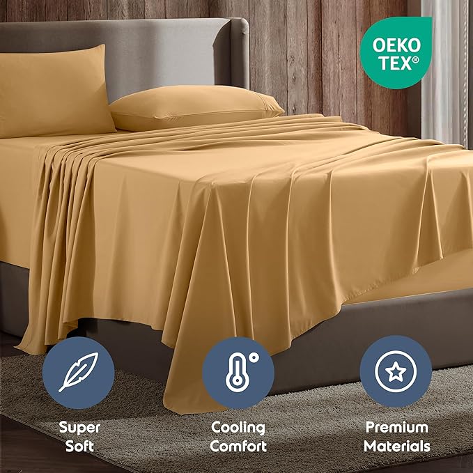 Nestl Short Queen Sheet Set - 1800 Ultra-Soft Microfiber - Double Brushed - Deep Pockets - Easy Fit - 4 Piece Set - Bed Sheets (Short Queen, Camel Gold)