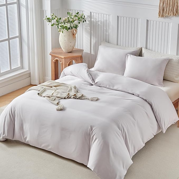 Lekesky Queen Size Duvet Cover Set, Light Linen Duvet Cover, Ultra-Soft Microfiber 3 Pieces Comforter Cover with Zipper and Corner Ties, Includes 2 Pillowcases 20"x26"