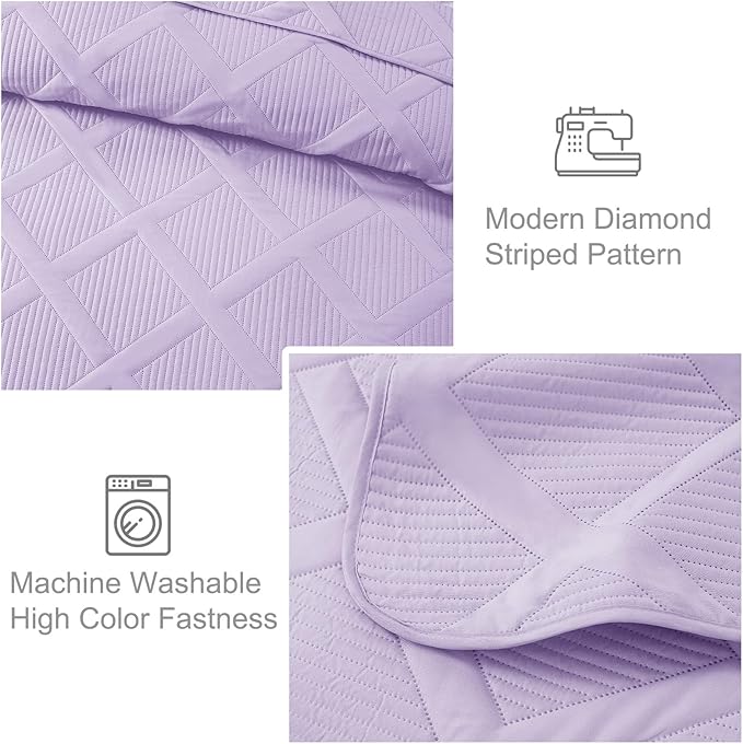 Exclusivo Mezcla Quilts Queen Size - Lilac Quilt Set Bedspread with 2 Pillow Shams, Modern Bedding Set with Striped Pattern, Soft Lightweight Bedspreads Queen Size for All Seasons