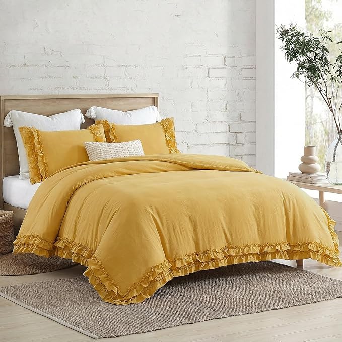 Bedorm Ginger Yellow Bedding Set Queen Ruffle Duvet Cover Super Soft Cozy Washed Microfiber Bedding Shabby Chic Coquette Decor Farmhouse Boho Duvet Cover Set