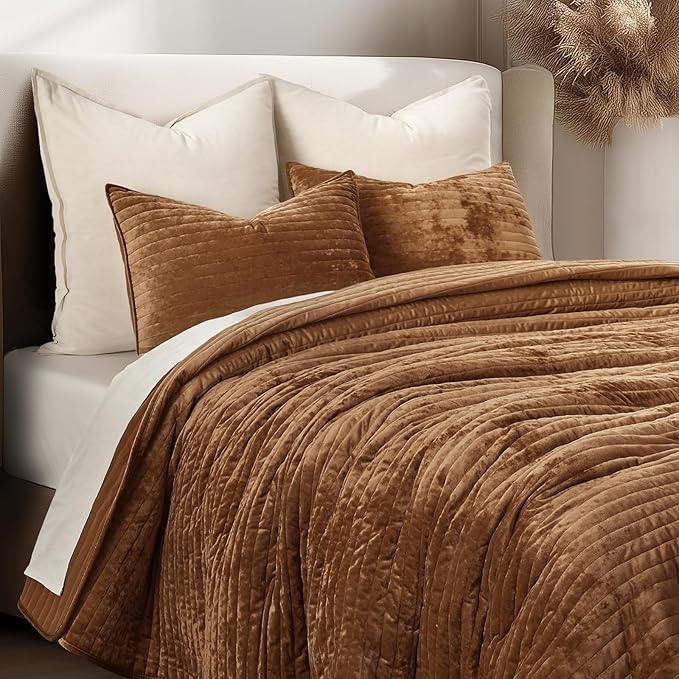 EVERGRACE Velvet Quilt Set California King 118'' x 106'', Luxurious Soft Striped Channel Bedding Set, Lightweight Velvet Comforter for All Season, Oversized Bedspread Coverlet w/ 2 Shams, Dark Brown