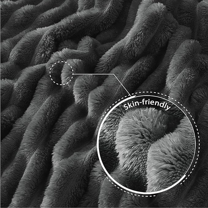 Exclusivo Mezcla Queen Size Flannel Fleece Blanket, Super Soft Striped Jacquard Bed Blanket, Lightweight Fuzzy Cozy for All Seasons, 90x90 Inches, Dark Grey