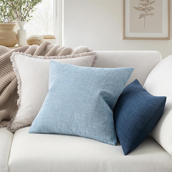 MIULEE Pack of 2 Decorative Linen Burlap Textured Pillow Covers Farmhouse Boho Accent Pillowcases Spring Coastal Home Decor for Couch Sofa Bedroom Living Room 18x18 Inch Light Blue