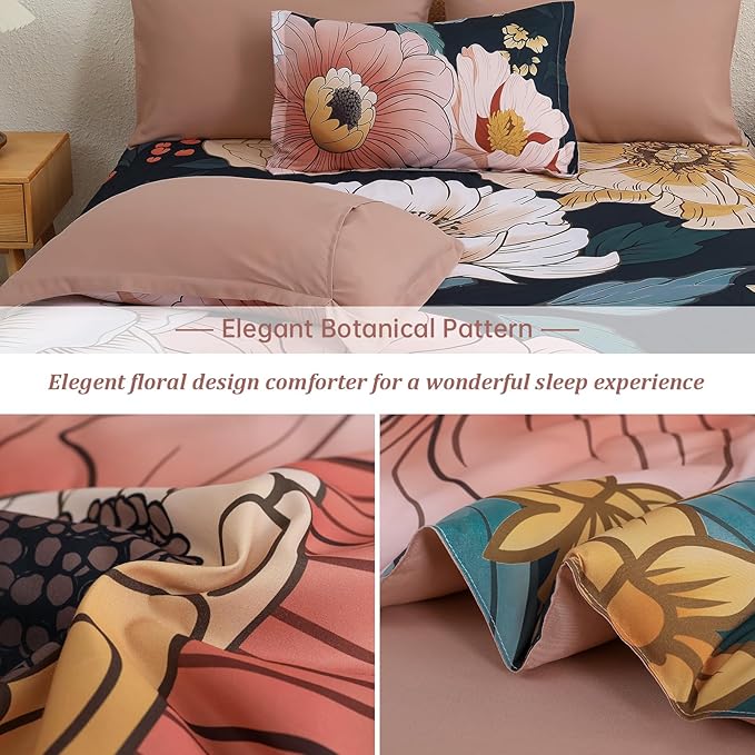 Xruibed Queen Comforter Set Blue Floral Comforter Queen Size 7 Pieces Bed in a Bag Flower Bedding Comforter Sets Lightweight Boho Bed Set with Sheet,Pillowcases&Shams for All Season
