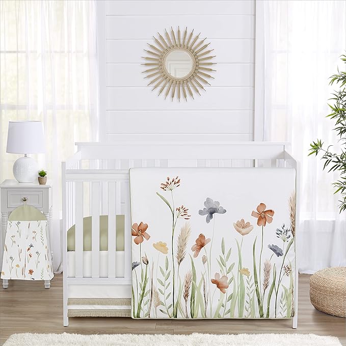 Sweet Jojo Designs 4-Piece Baby Crib Bedding Set (Green Boho Floral) for Girls, Infants/Nursery incl. Blanket, Fitted Sheet, Skirt, Diaper Stacker (Flower, Garden, Bohemian, Farmhouse, Wildflower)