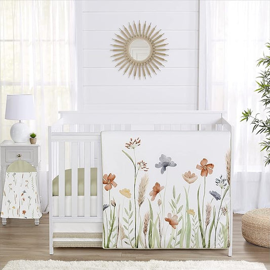 Sweet Jojo Designs 4-Piece Baby Crib Bedding Set (Green Boho Floral) for Girls, Infants/Nursery incl. Blanket, Fitted Sheet, Skirt, Diaper Stacker (Flower, Garden, Bohemian, Farmhouse, Wildflower)