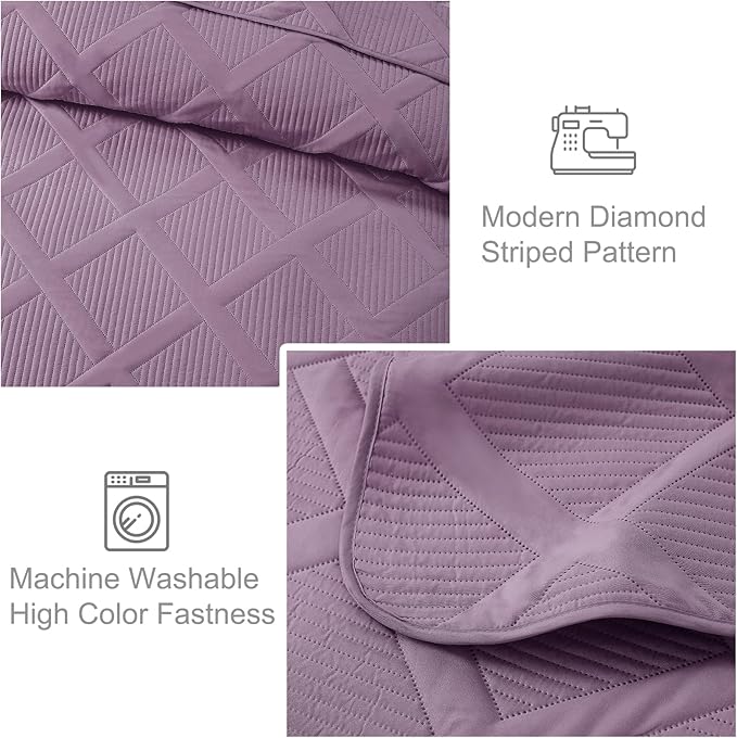 Exclusivo Mezcla Full Queen Size Quilt Set with Modern Striped Pattern, 3 Pieces Lightweight Dusty Lavender Quilts Bedding Set, Soft Bedspreads Coverlets for All Seasons