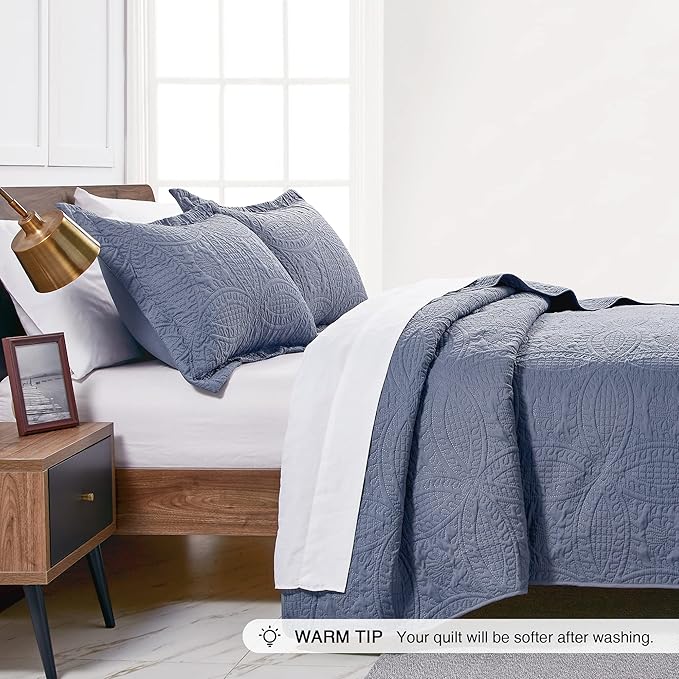 Love's cabin Quilts for Queen Bed Blue Bedspreads - Soft Bed Summer Lightweight Bedspread Comforter - Modern Style Coin Pattern Coverlet for All Season - 3 Pieces (1 Quilt, 2 Pillow Shams) (Pack of 2)