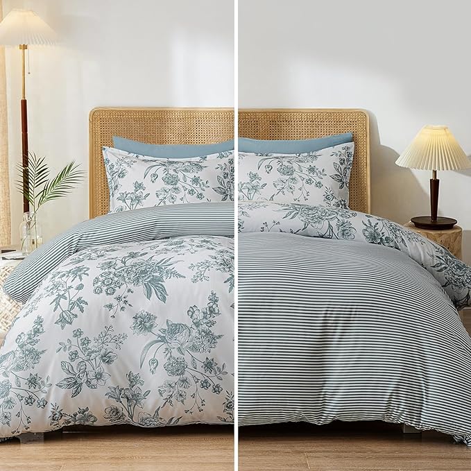 PHF Ultra Soft Floral Duvet Cover Queen Size, Printed Bedding Set 3 Pieces, Comfy Farmhouse Pattern Duvet Cover Set with 2 Pillow Shams, Zipper Closure and 8 Ties, 90"x90", Flower-Blue