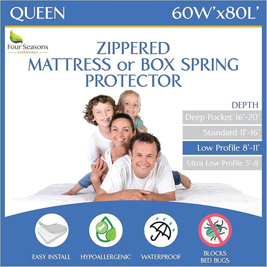 Queen Mattress or Box Spring Protector (8"-11" Depth) - Zippered Waterproof Encasement Hypoallergenic Premium Quality Cover Protects from Dust