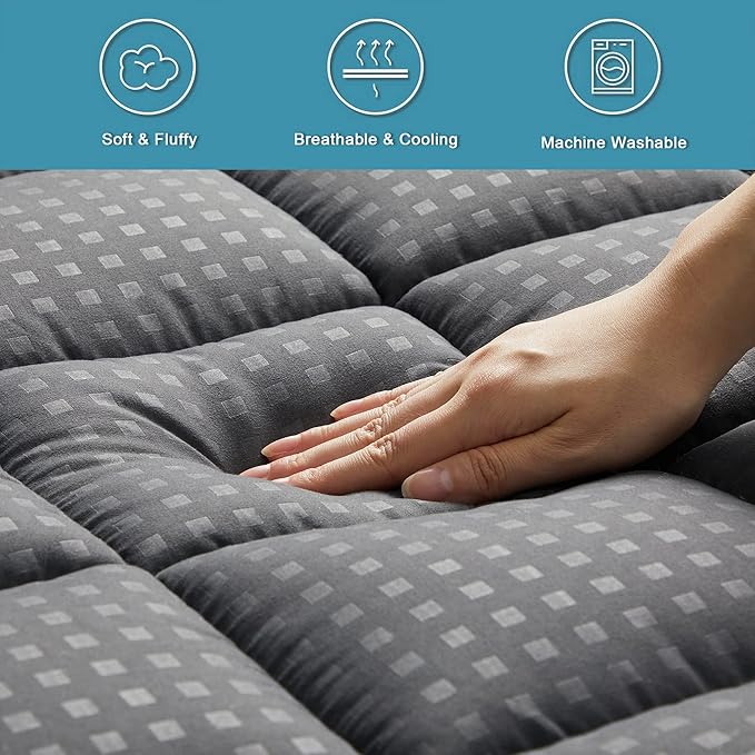 HYLEORY Queen Mattress Pad Quilted Fitted Mattress Protector Cooling Pillow Top Mattress Cover Breathable Fluffy Soft Mattress Topper with 8-21" Deep Pocket, Dark Grey