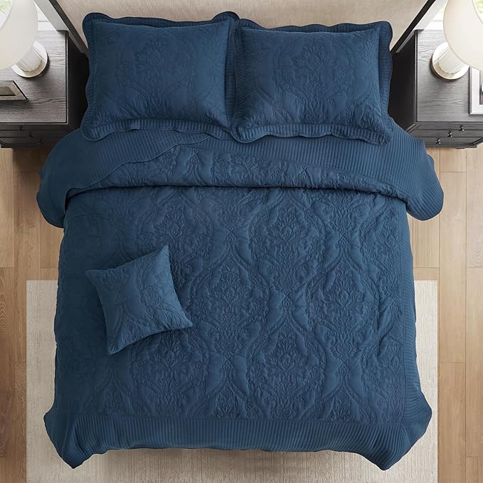 CHIXIN Oversized Bedspread Coverlet Set King Size - Lightweight Bedding Cover - Beautiful Stitching - 5 Piece Reversible Bedspread - Gorgeous Damask Paisley Pattern (King, Navy)