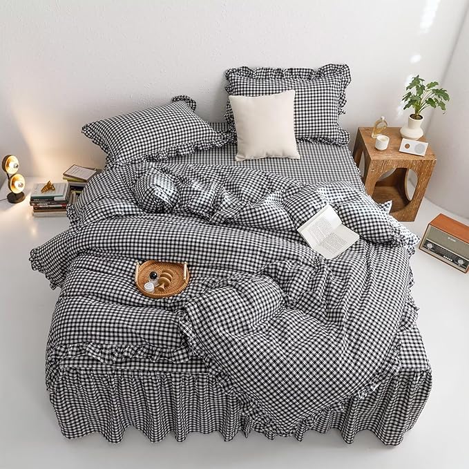 mixinni Black White Gingham Ruffle Duvet Cover Twin Size 3 Pieces – 100% Washed Cotton, Vintage Plaid Ruffled Bedding Set with Zipper Ties, Soft Checkered Grid Farmhouse Chic Comforter Cover Set