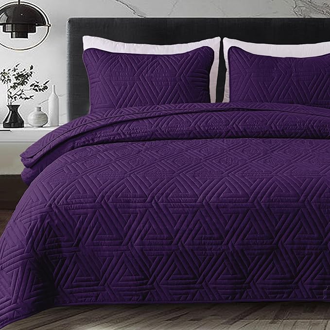 Whale Flotilla Soft Twin Size Quilt Set for All Seasons, 2-Piece Ultrasonic Geometric Quilts Bedding Set, Lightweight Reversible Bedspread, Coverlet, Bed Cover with Pillow Sham, Purple