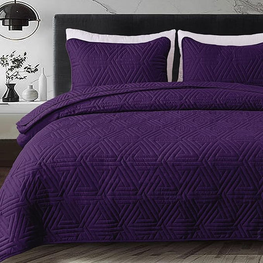 Whale Flotilla Soft Queen Size Quilt Set for All Seasons, 3-Piece Ultrasonic Geometric Quilts Bedding Set, Lightweight Reversible Bedspread, Coverlet, Bed Cover with 2 Pillow Shams, Purple